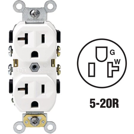 Leviton Straight Blade Receptacle, 5-20R, 20 A, 125V AC, 2 Pole, 3 Wire, Self-Grounded S02-0BR20-0WS